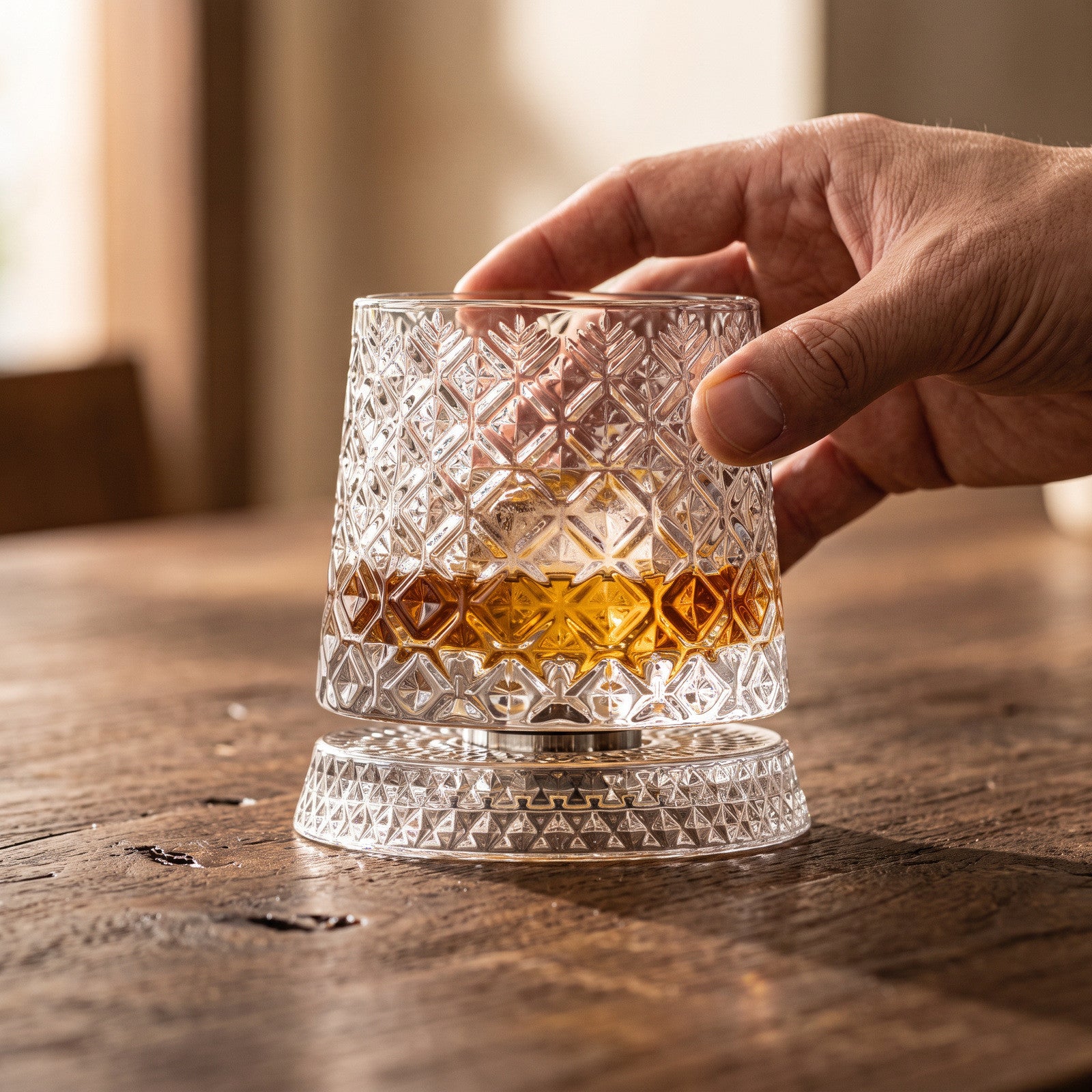 Fingertips touching a lattice-cut glass on its decorated base, ready for a gentle turn