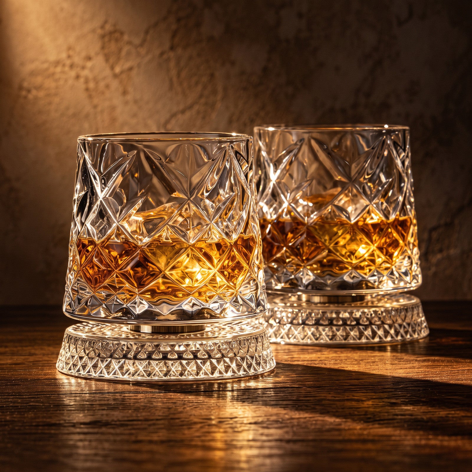 Pair of diamond-cut whiskey glasses on their decorative rotating bases