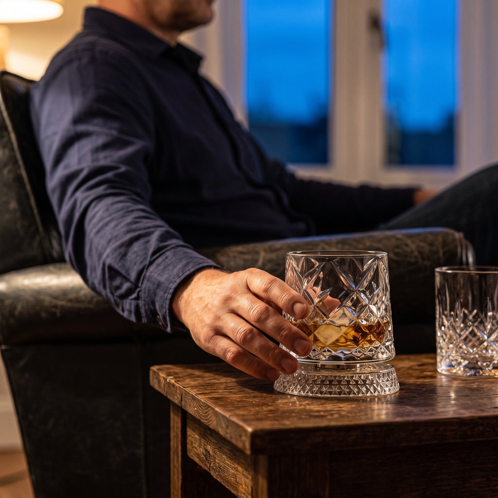 Rotating whiskey glass with warm light falling through the facets