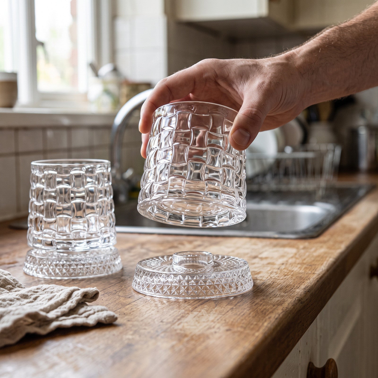 Hand lifting a grid-cut glass for cleaning, beside a dry cloth and matching glass