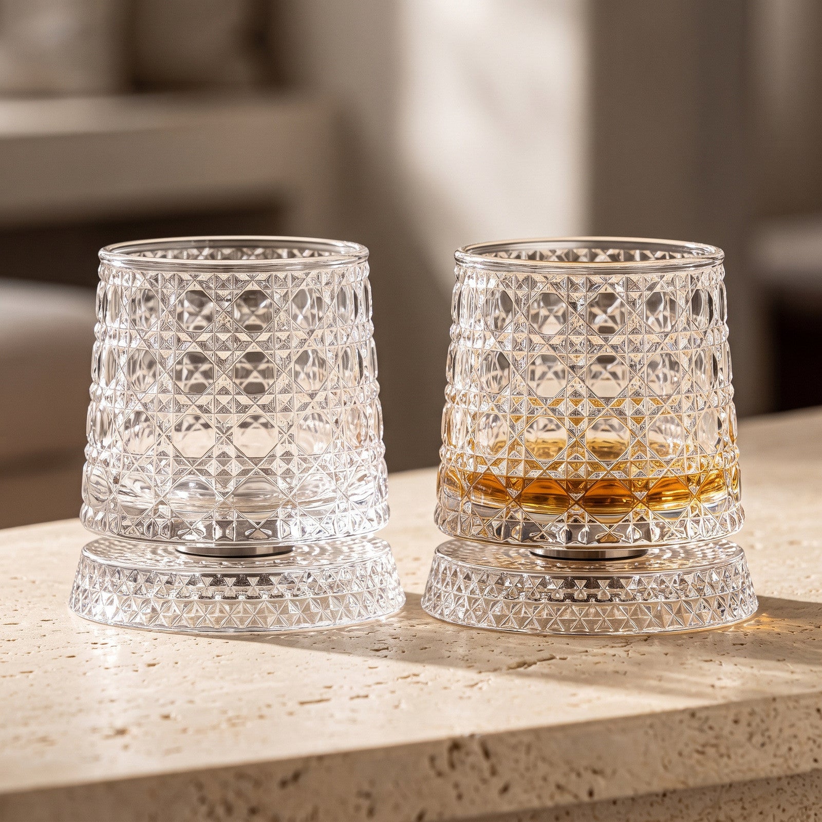 Two scallop-cut glasses on their rotating bases