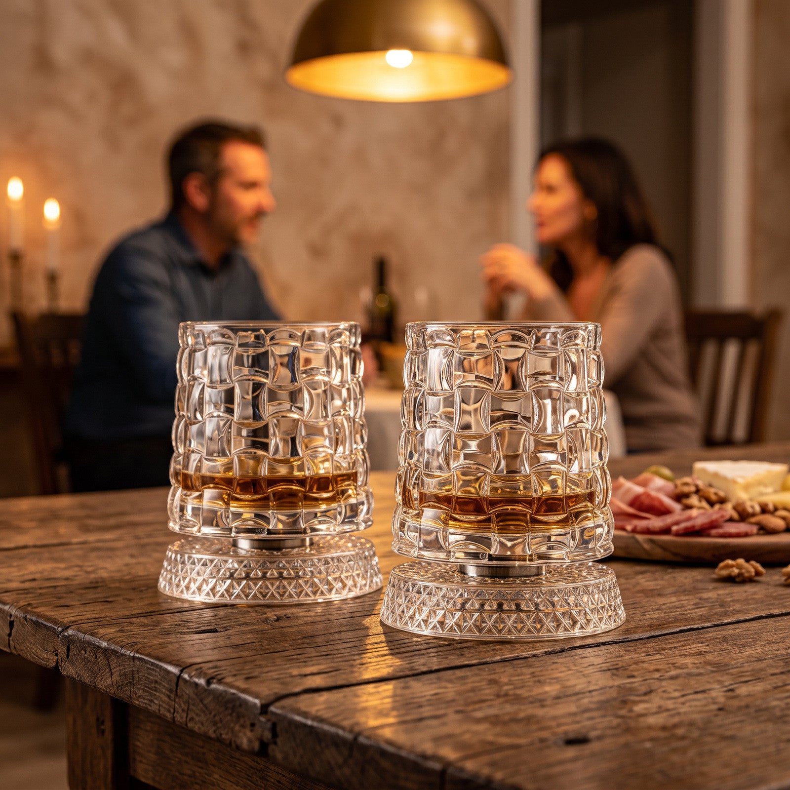 Pair of grid-cut glasses on their rotating bases
