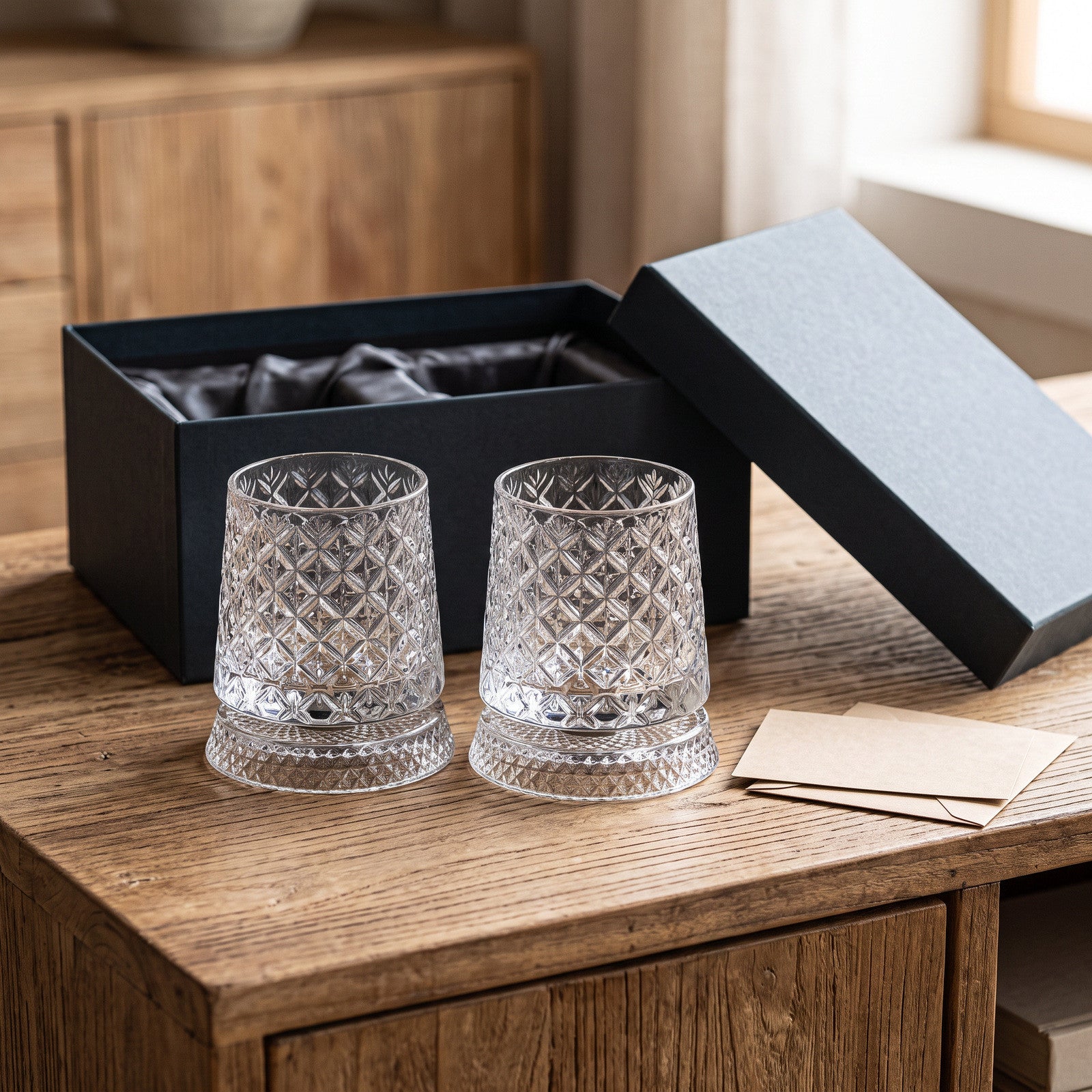 Pair of lattice-cut glasses on their rotating bases