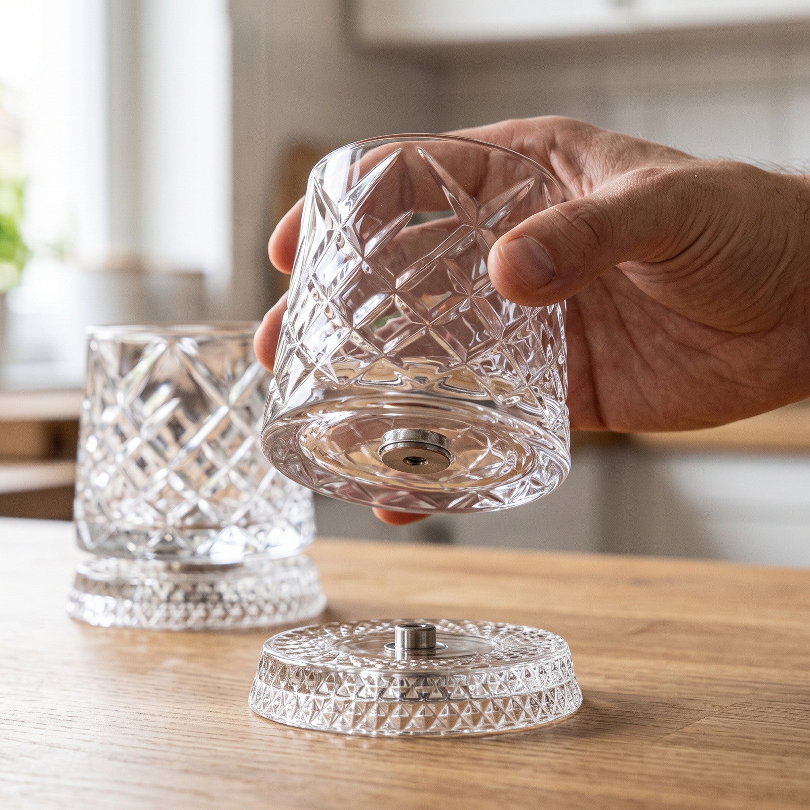 Hand lifting one glass from its base, with a second nearby