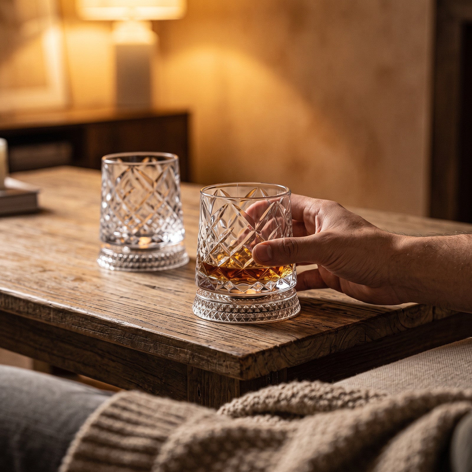Hand beside a diamond whiskey glass on a sofa side table