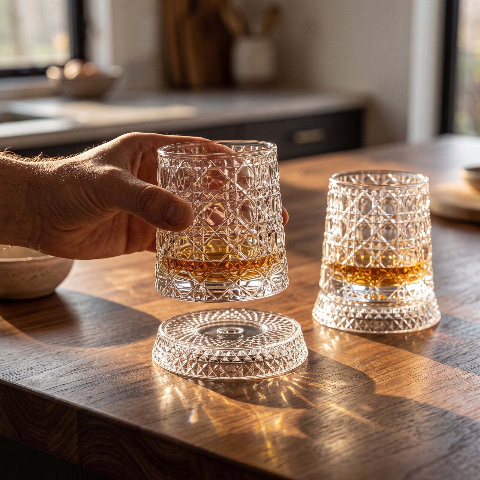 Hand lifting a scallop glass above a kitchen island
