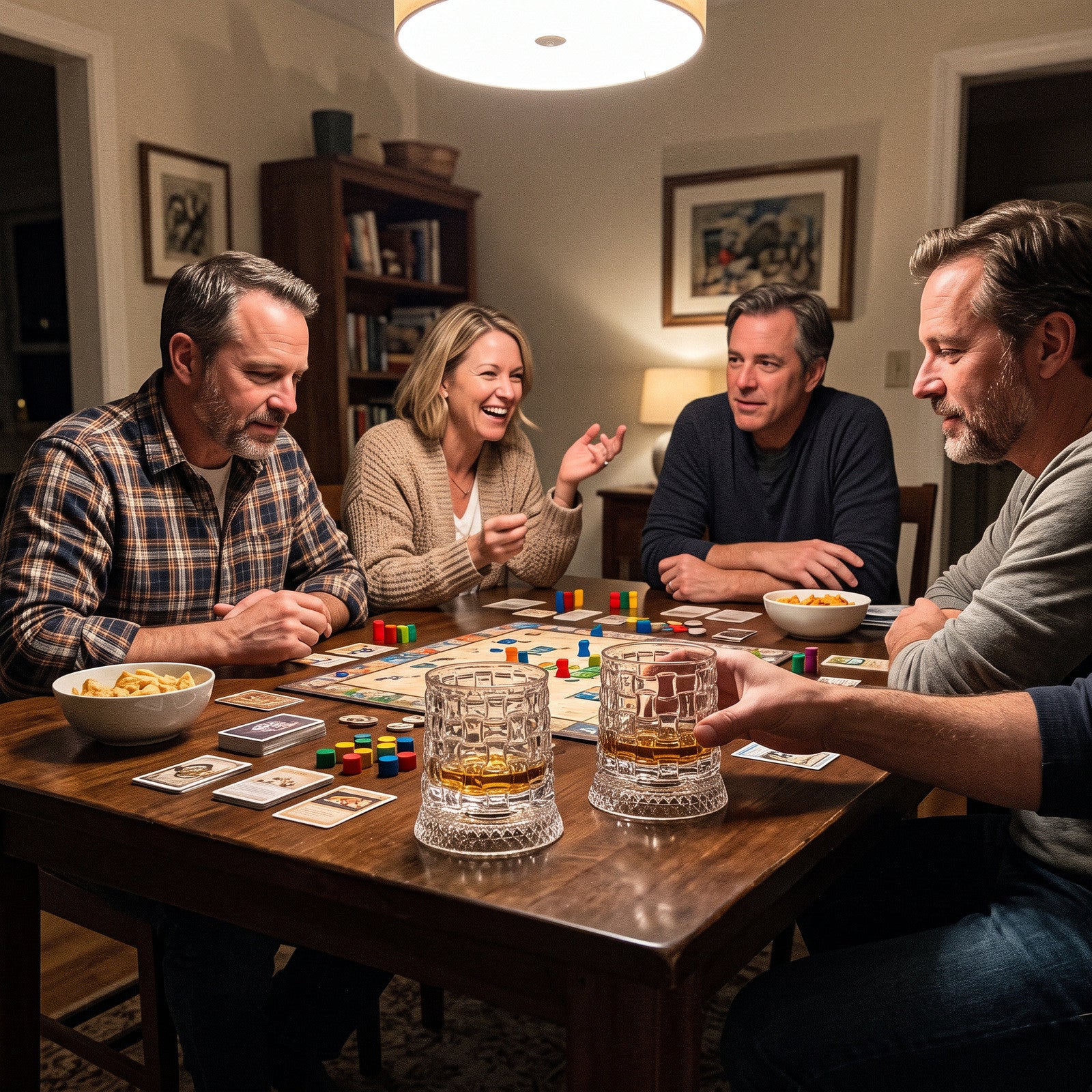 Adults playing a board game beside a grid glass pair