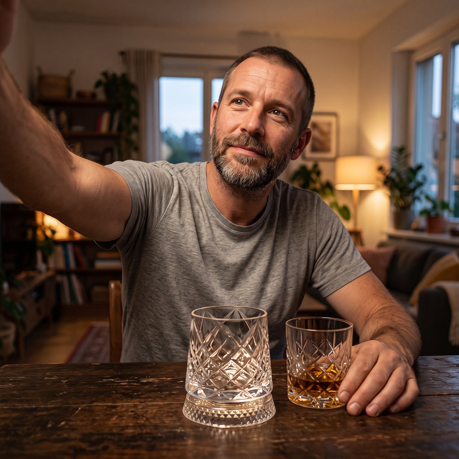 Man taking an evening selfie with a glass pair on the table