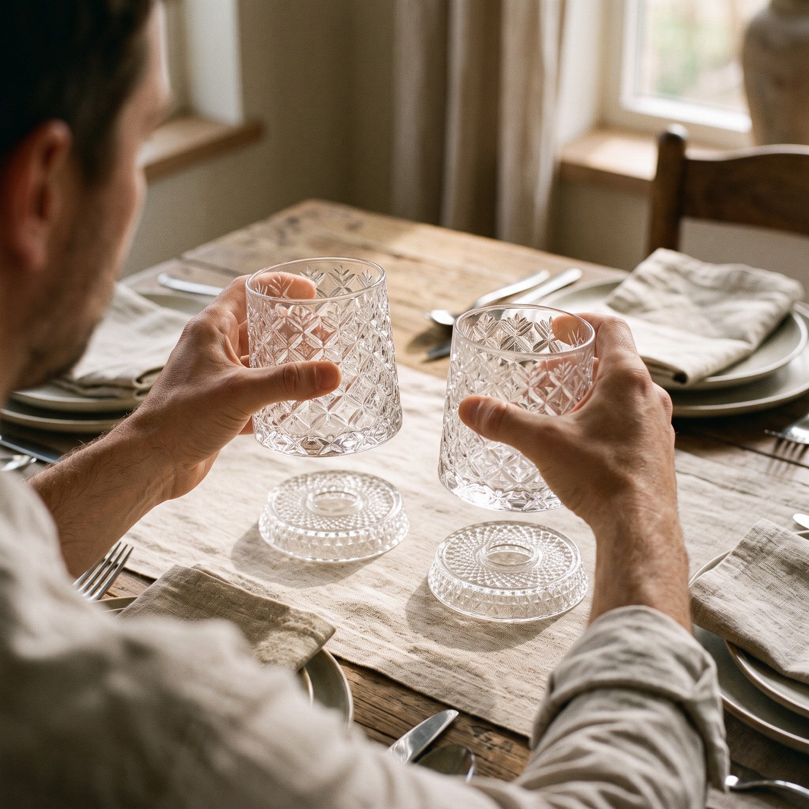 Hands carrying two lattice glasses towards their ready bases