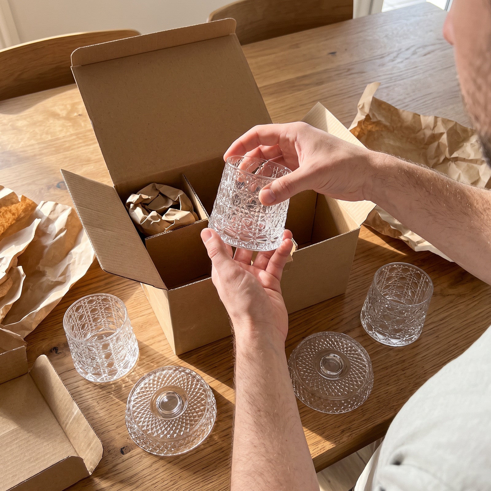 Hand unpacking a scallop glass set on a dining table