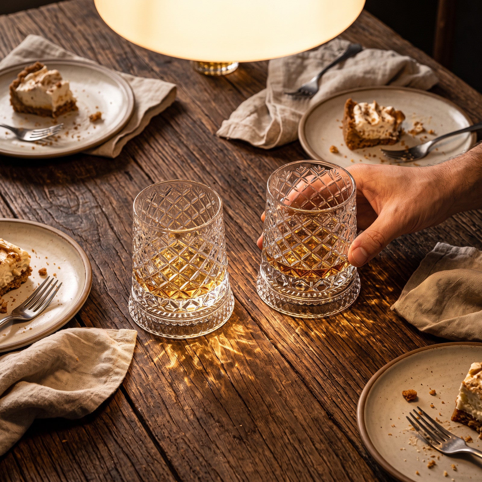 Lattice glass pair beside dessert plates after dinner