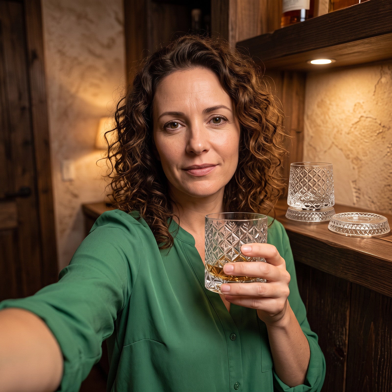 Woman holding a lattice glass beside her home bar