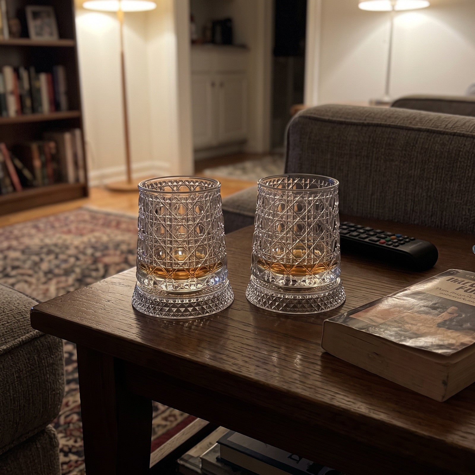 Scallop glass pair beside a remote and paperback in a reading corner