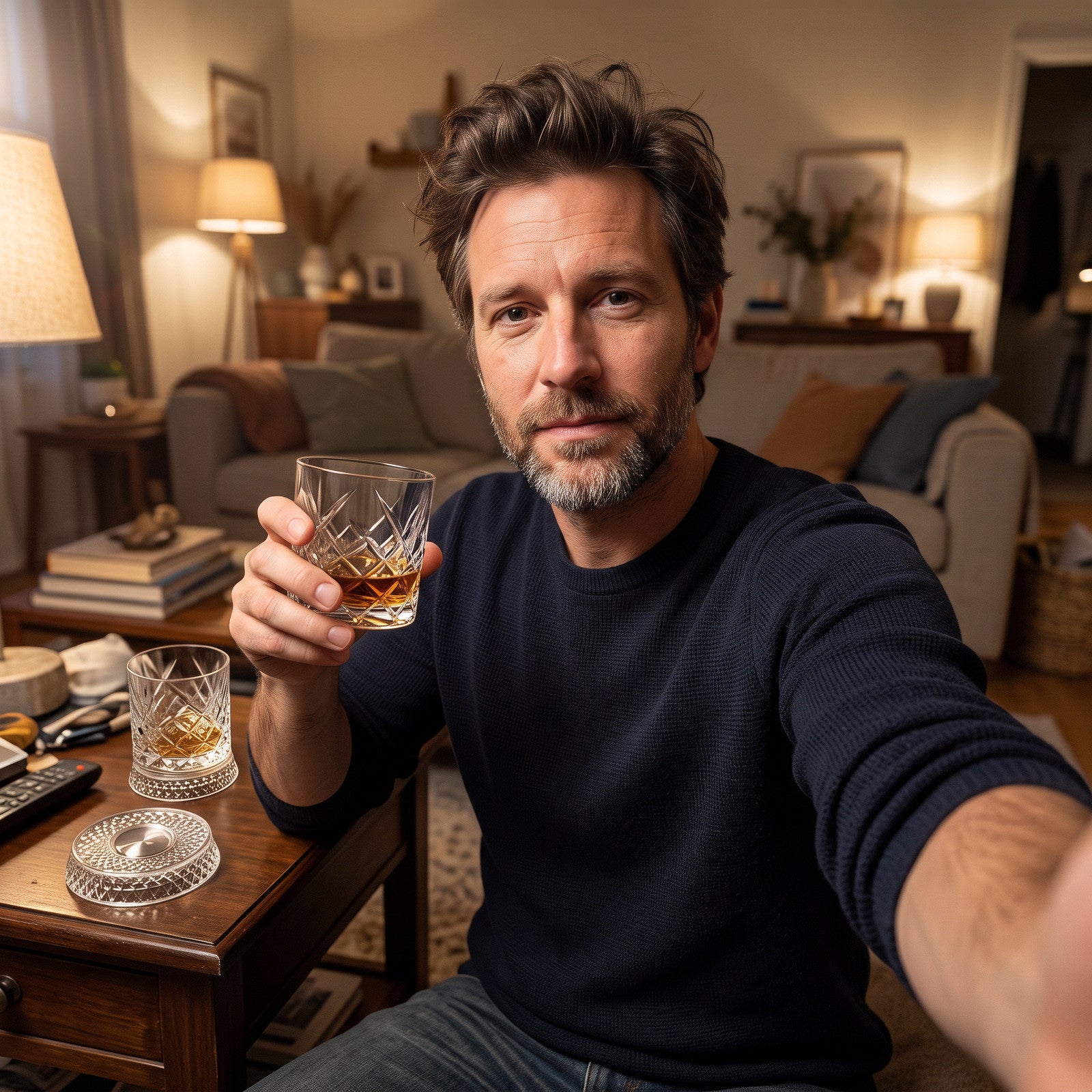 Man holding a diamond glass in his lounge, with its base and companion glass nearby