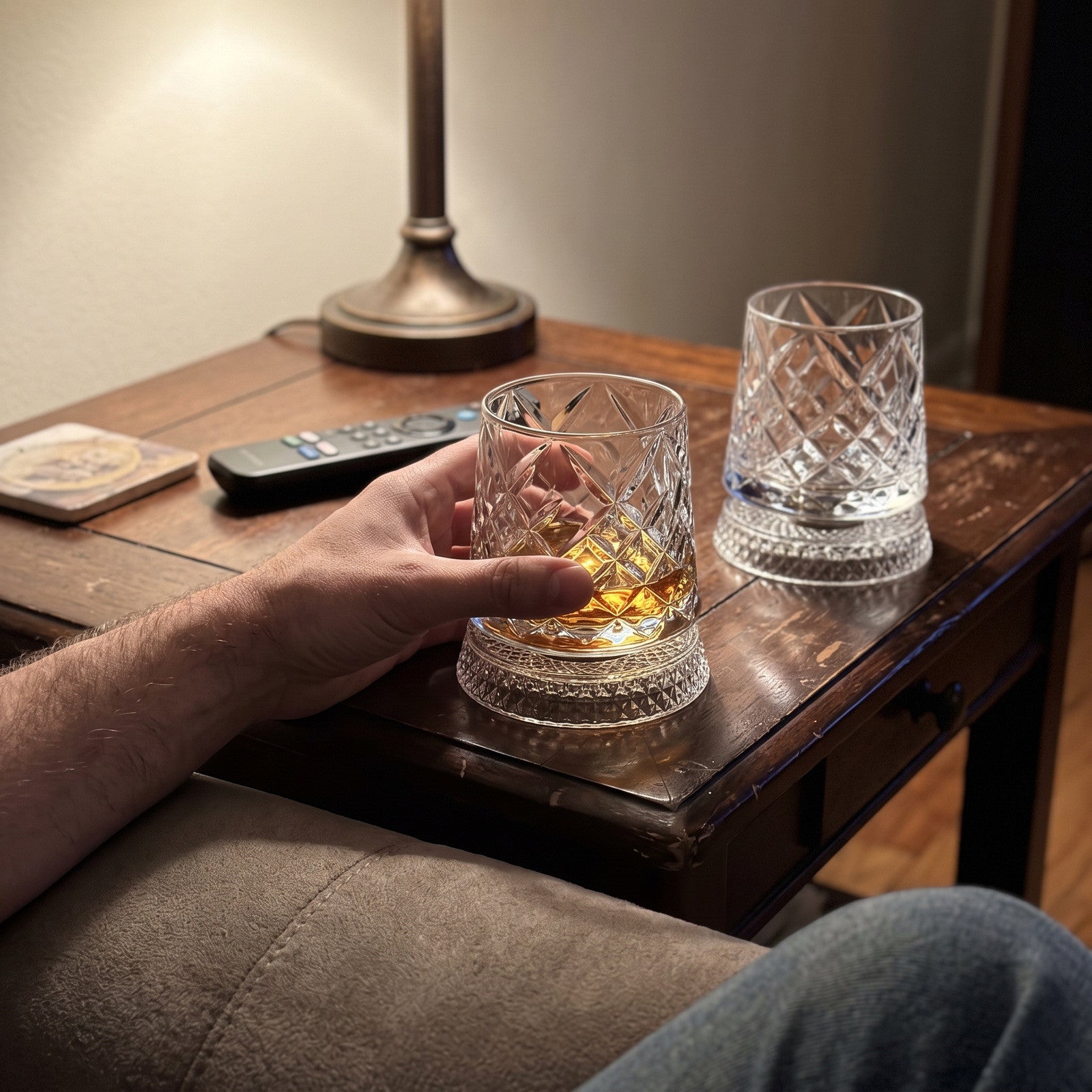 Hand turning a diamond glass beside a lamp, with a matching glass behind