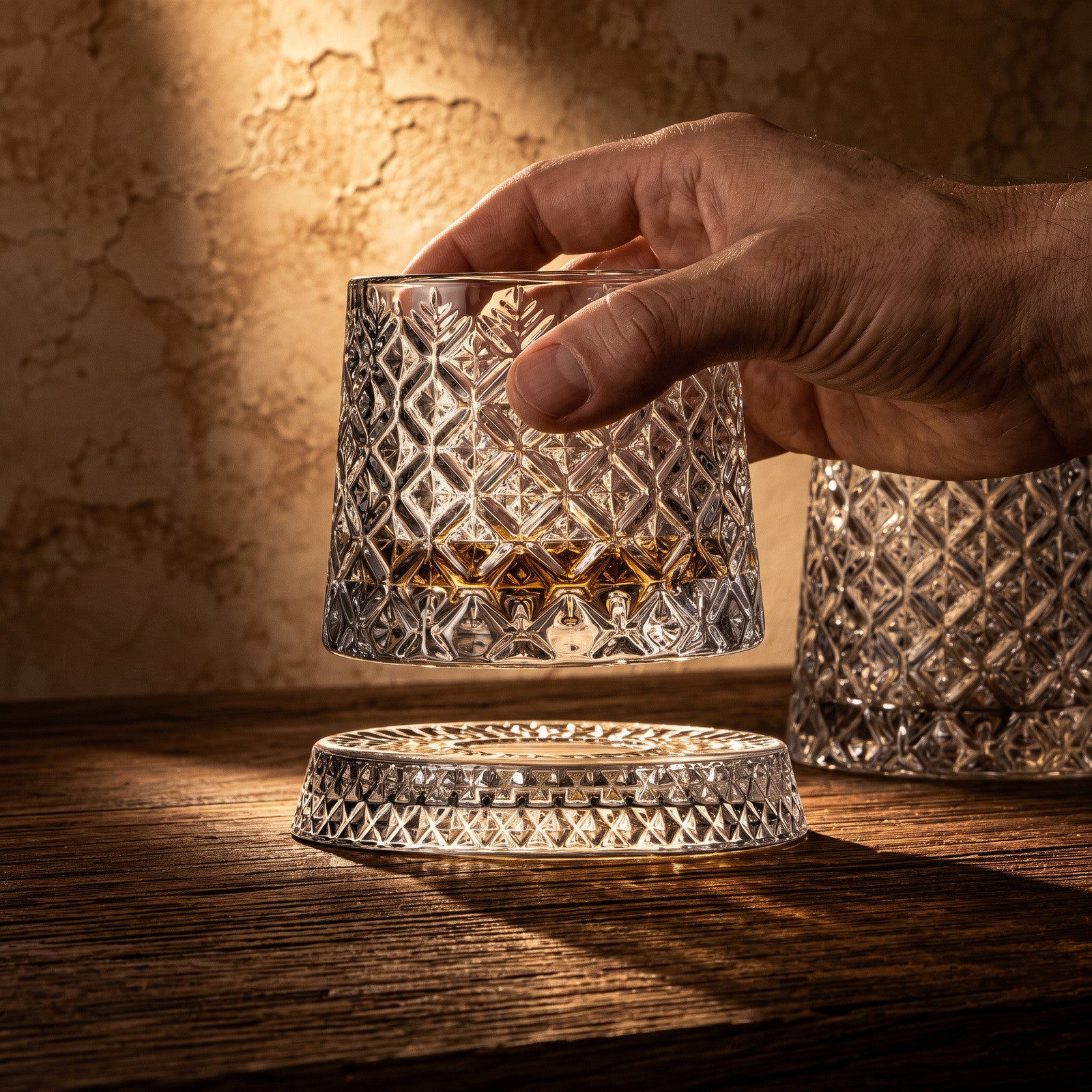 Hand lifting a lattice-cut glass from its base on a home bar shelf