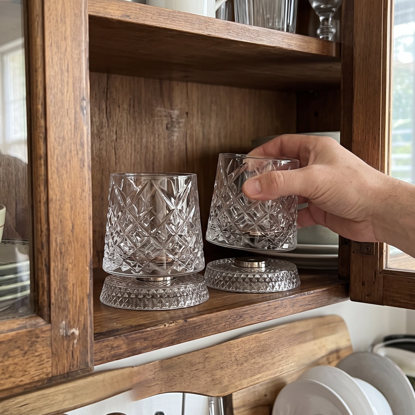 Hand placing a clean diamond glass set in a home cabinet